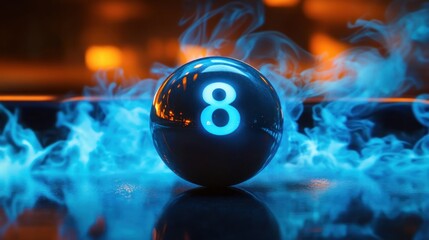 Magic 8 Ball Surrounded by Ethereal Blue Smoke and Flames