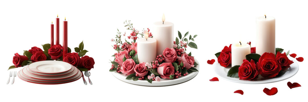 A romantic table setting featuring elegant candles surrounded by vibrant roses, perfect for a special occasion.
