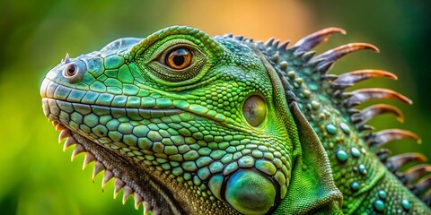 Fototapeta premium Captivating Close-Up of a Green Iguana’s Head Showcasing Its Intricate Spikes and Textures with Ample Copy Space for Creative Use