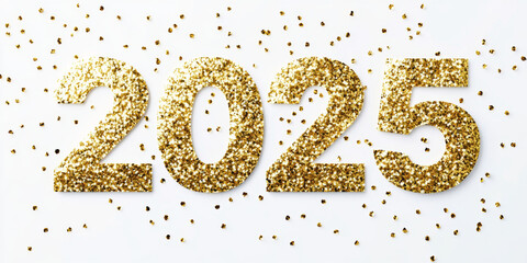 Golden glittery numbers 2025 on white background, surrounded by sparkling confetti, perfect for celebrating New Year or special events