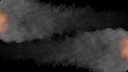 Side view animation of two meteors moving in opposite directions, each with fire and smoke trails, isolated on a transparent alpha channel background.