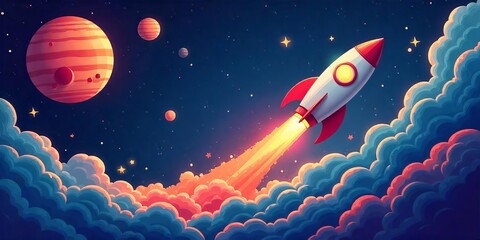 Fototapeta premium Colorful Cartoon Rocket Launching into Space