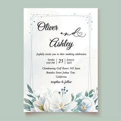 Winter wedding invitation template with elegant white flowers in watercolor
