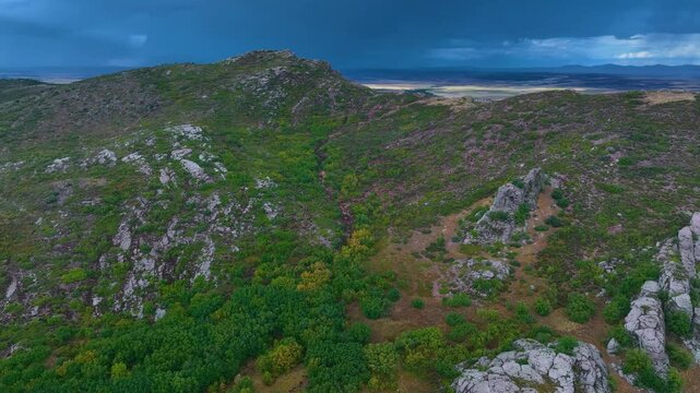Landscape at the castle of Zafra (12th century). Municipality Campillo Due&ntilde;as. Aerial view from drone. Molina Alto Tajo Geopark. Alto Tajo Natural Park. Guadalajara. Castilla la Mancha. Spain. Europe