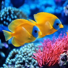 Naklejka premium Vivid yellow and blue fish in harmonious motion through clear water.