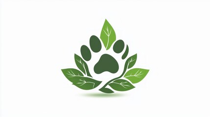 playful logo design features green paw print surrounded vibrant leaves symbolizing commitment eco friendly pet products. design conveys fun and sustainability.