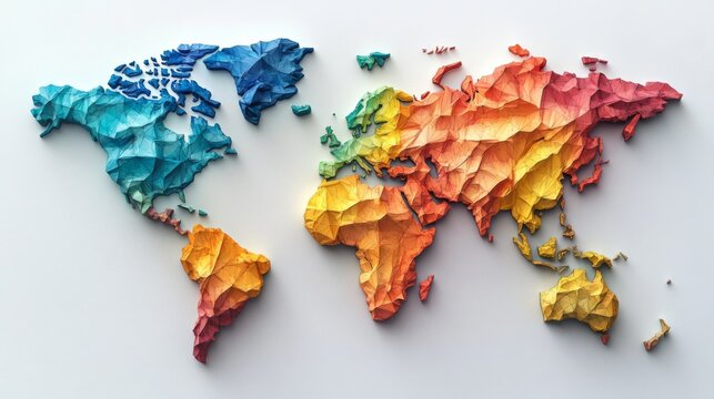 Abstract world map colorful polygonal low poly earth map geography global travel world continents landmass orange red blue yellow textured
