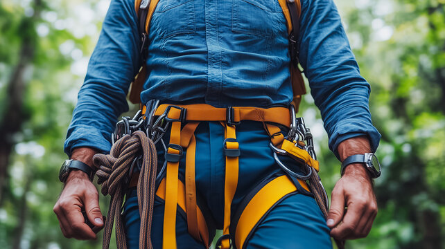 A man wearing a blue shirt and yellow pants is wearing a harness - Powered by Adobe