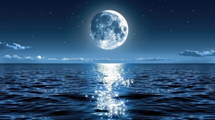 Fototapeta premium Moonlight reflecting on calm ocean water creates a serene nighttime atmosphere