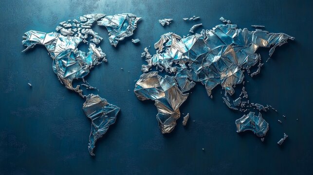 Fototapeta Metallic low poly world map reflective surface global geography earth map world continents countries travel exploration adventure journey design