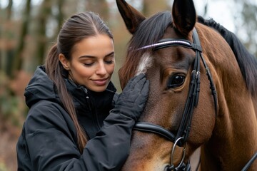 A young woman lovingly cares for her horse in a serene autumn setting, reflecting the warmth of the human-animal bond and the beauty of nature in an emotional and vivid moment.