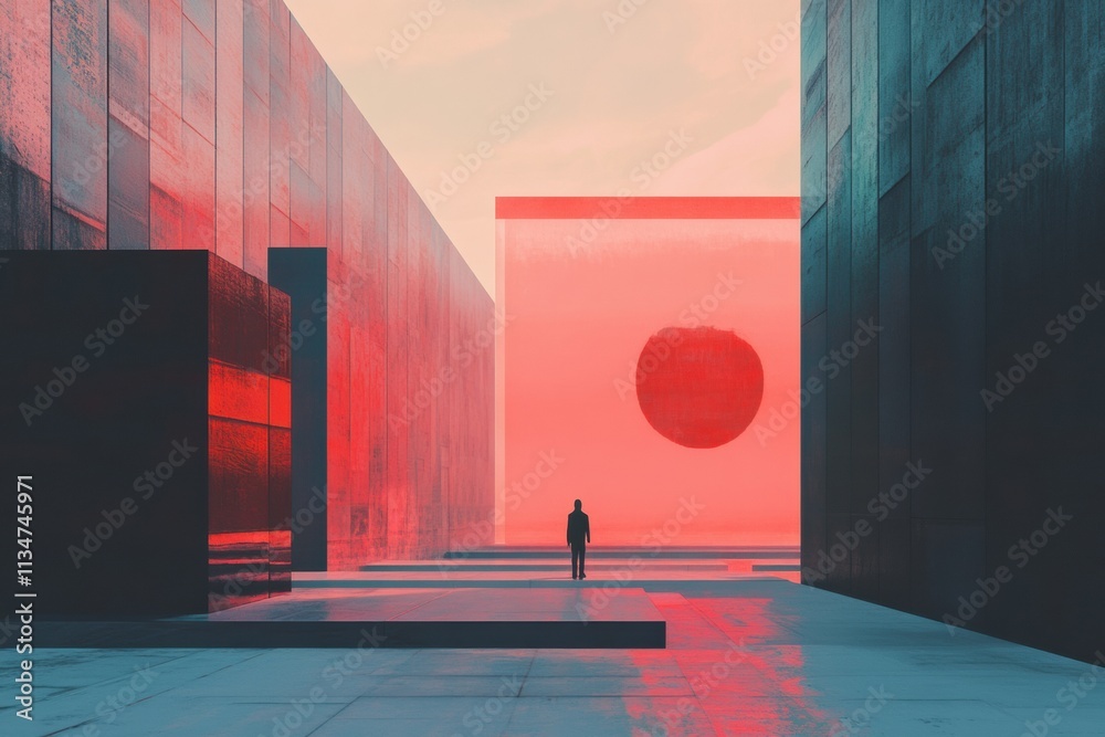 Poster a solitary figure explores a vibrant digital gallery filled with abstract artworks, illuminated by s