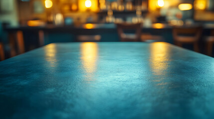 Empty dark teal bar table with blurred background of bar lights and seating.
