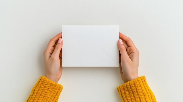 Female hands holding open envelope with white card in yellow sweater - Top view isolated on white background with space