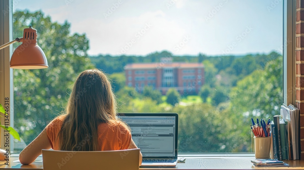 Poster A student sitting at a desk, applying for Clemson Universityâ€™s graduate program online, with the campus visible through the window. 