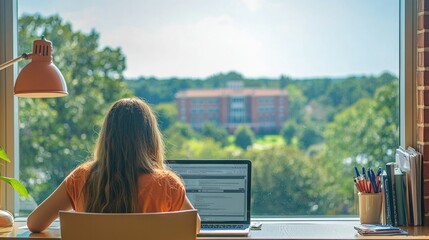 A student sitting at a desk, applying for Clemson University&acirc;&euro;&trade;s graduate program online, with the campus visible through the window. 