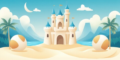 Obraz premium A whimsical sandcastle on a sunny beach, surrounded by palm trees and playful elements, capturing the essence of summer fun.