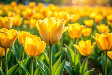 Captivating Documentary Photography of a Vibrant Flower Background Featuring Bright Yellow Tulips in Full Bloom Against a Soft Green Backdrop for Nature Lovers