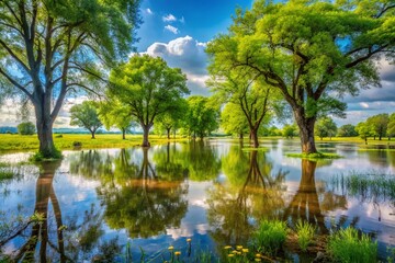 Captivating Documentary Photography of Flooded Landscape with Trees and Meadows, Showcasing the Impact of Natural Disasters on Local Ecosystems and Wildlife Habitats