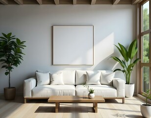 A modern, minimalist living room with a large white sofa, wooden coffee table, and potted plants. The room has a bright, airy feel with natural light streaming in through the windows