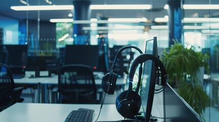 Fototapeta premium Headset and customer support equipment at call center ready for actively service . Corporate business help desk and telephone assistance concept