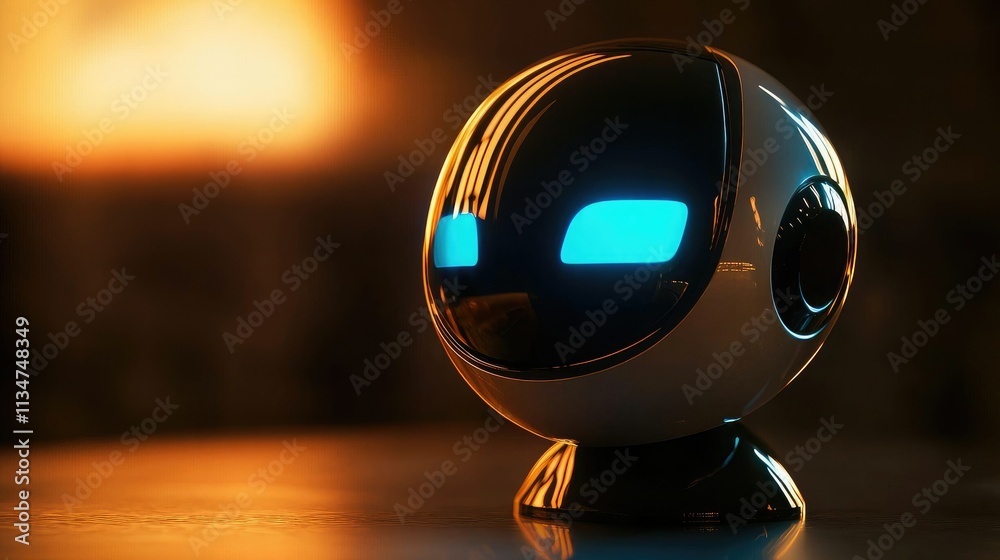Poster A simple AI robot icon with a sleek metallic finish, displayed on a glowing background, representing artificial intelligence in a tech-driven world. 