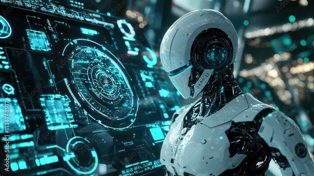 Aufkleber A futuristic, clean-lined AI robot icon on a digital interface, symbolizing advanced robotics in technology and user-friendly design. 