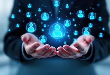 Hands Holding a Holographic Network of Connected People