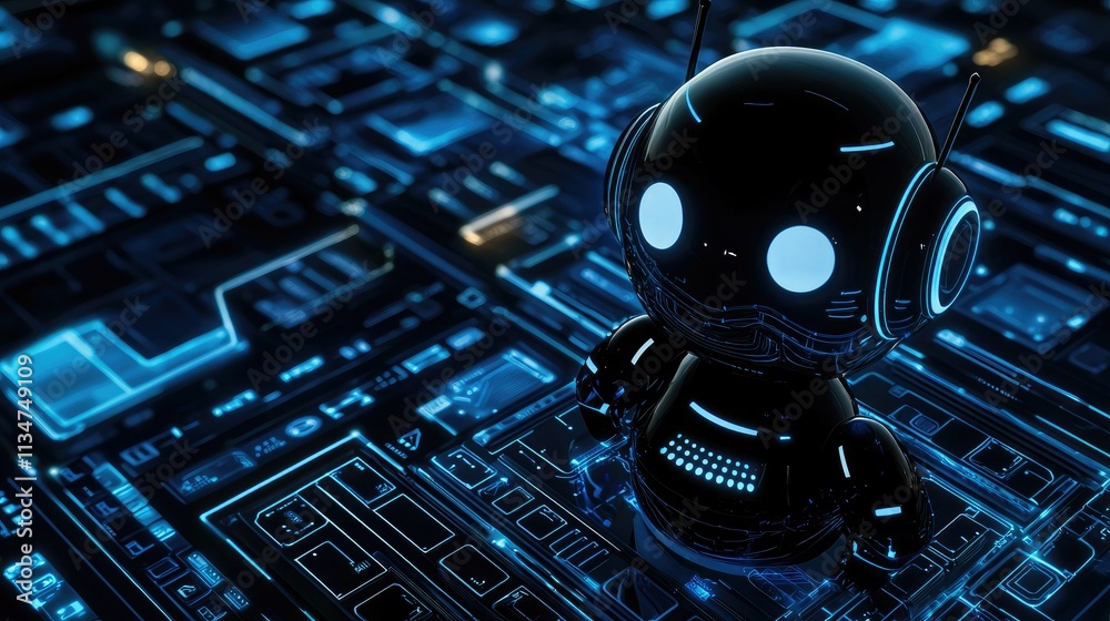 Poster A futuristic, clean-lined AI robot icon on a digital interface, symbolizing advanced robotics in technology and user-friendly design. 