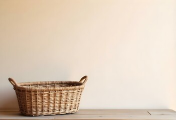 A wooden table with a wicker basket on it, against a plain beige wall background