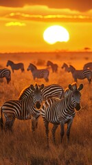 Obraz premium Serengeti National Park zebras roaming during the colorful sunset hour.