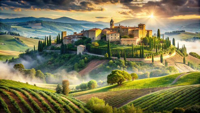 Captivating Double Exposure of Monticchiello's Cultural Landscape in Tuscany, Blending Rolling Hills, Vineyards, and Historic Architecture for a Stunning Visual Experience