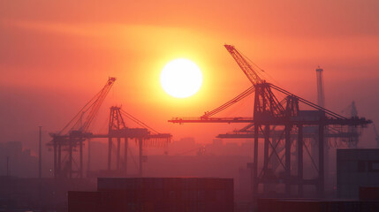 Obraz premium Silhouettes of cranes against a vibrant sunset backdrop.