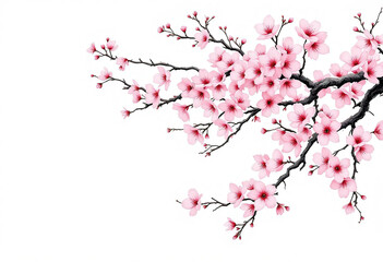 Delicate Pink Cherry Blossom Branch Against a White Background