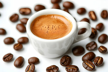 Espresso coffee in a small white cup surrounded by roasted beans on a white background.