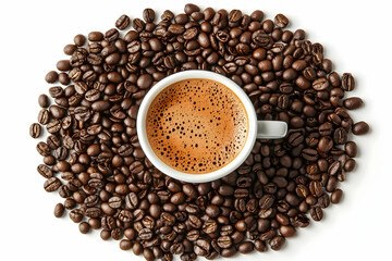 Naklejka premium Espresso cup surrounded by coffee beans.