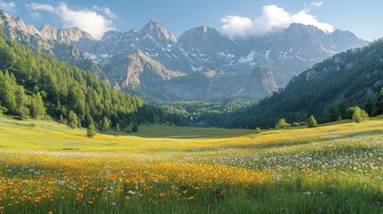 Obraz premium A serene mountain landscape with vibrant wildflowers and towering peaks under a clear sky.