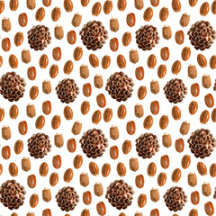 Watercolor seamless pattern with bright multicolored autumn leaves and maple winglets, chestnut fruits, oak acorns and pine cones