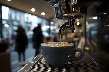 Espresso pouring into latte art cup in cafe.