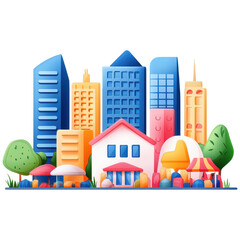 Obraz premium A Colorful and Vibrant Cityscape Illustration Featuring Modern Skyscrapers and Cozy Homes