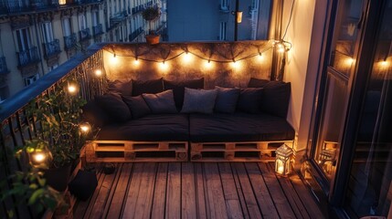Cozy pallet couch on a city balcony at night, illuminated by string lights.