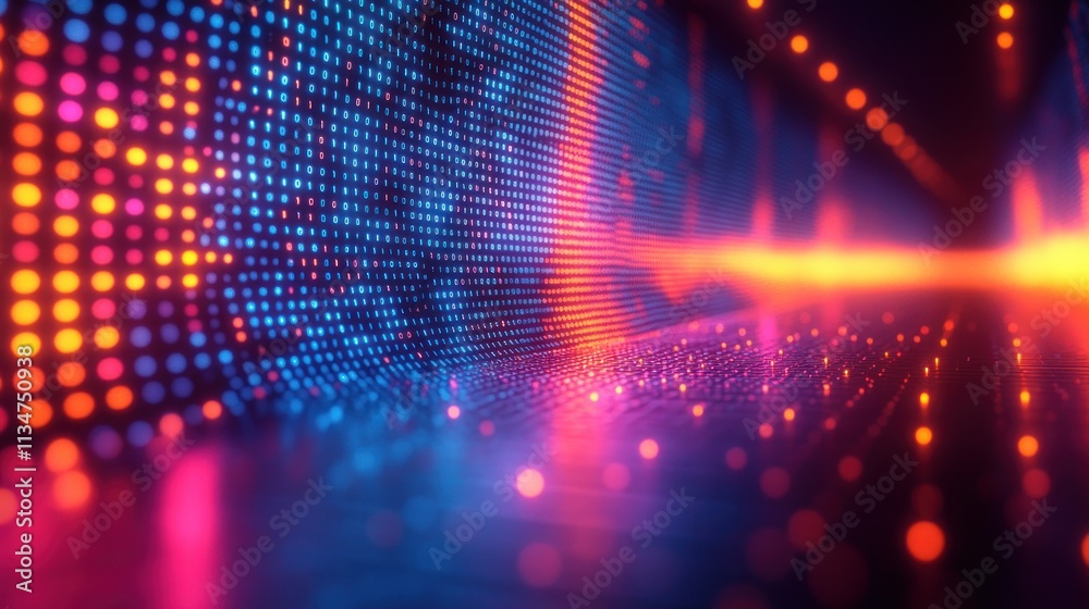 Fototapete futuristic digital landscape with glowing binary code and neon lighting in cyberpunk style