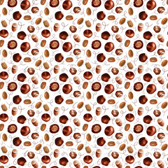 Watercolor seamless pattern with bright multicolored autumn leaves and maple winglets, chestnut fruits, oak acorns and pine cones