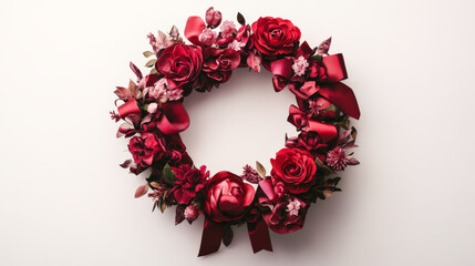 Obraz premium Burgundy Silk Rose Wreath, Valentine's Day Decoration, Romantic Floral Arrangement, Festive Holiday Wreath, Wedding Decor