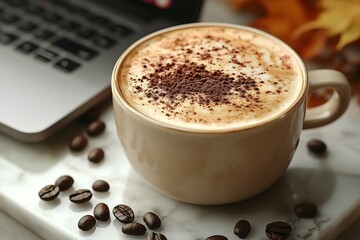 Enjoying a cozy cup of coffee with coffee beans and laptop on a table