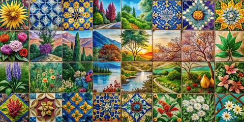 Fototapeta premium Captivating Double Exposure Photography of a Collection of 9 Unique Ceramic Tiles Blending Nature and Artistry in a Visual Harmony of Colors and Textures