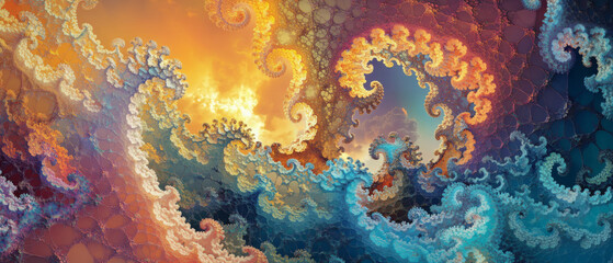 Fractal Cloudscape: Golden, Teal, and Crimson Swirls