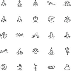 Yoga Poses, Meditation, Mindfulness, Spiritual Wellness Icons Set