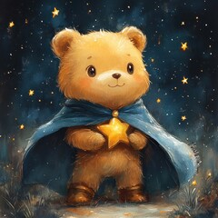 Bear Superhero in Cape Flying Through Starry Sky Watercolor Illustration