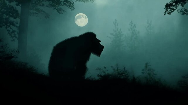 A dark creature like a Bigfoot in a forest at dusk.